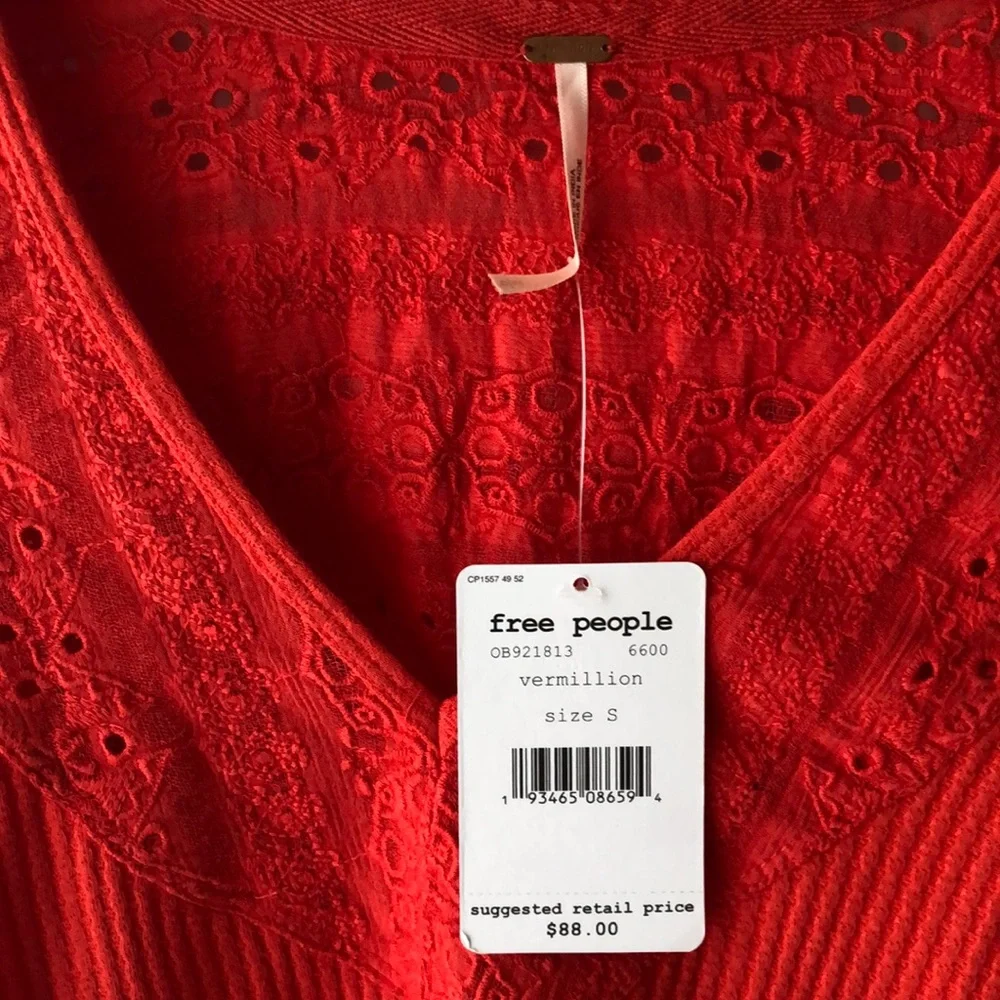 Free People Red Bell Sleeve V-neck Boho Top women’s Small NWT